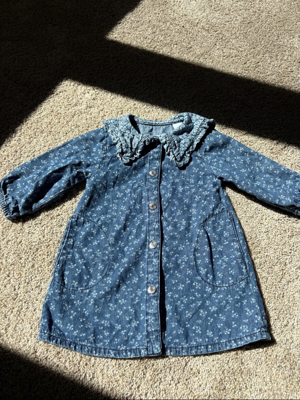 Zara Girls' Blue Floral Denim Dress with Ruffle Collar 2T LIKE NEW